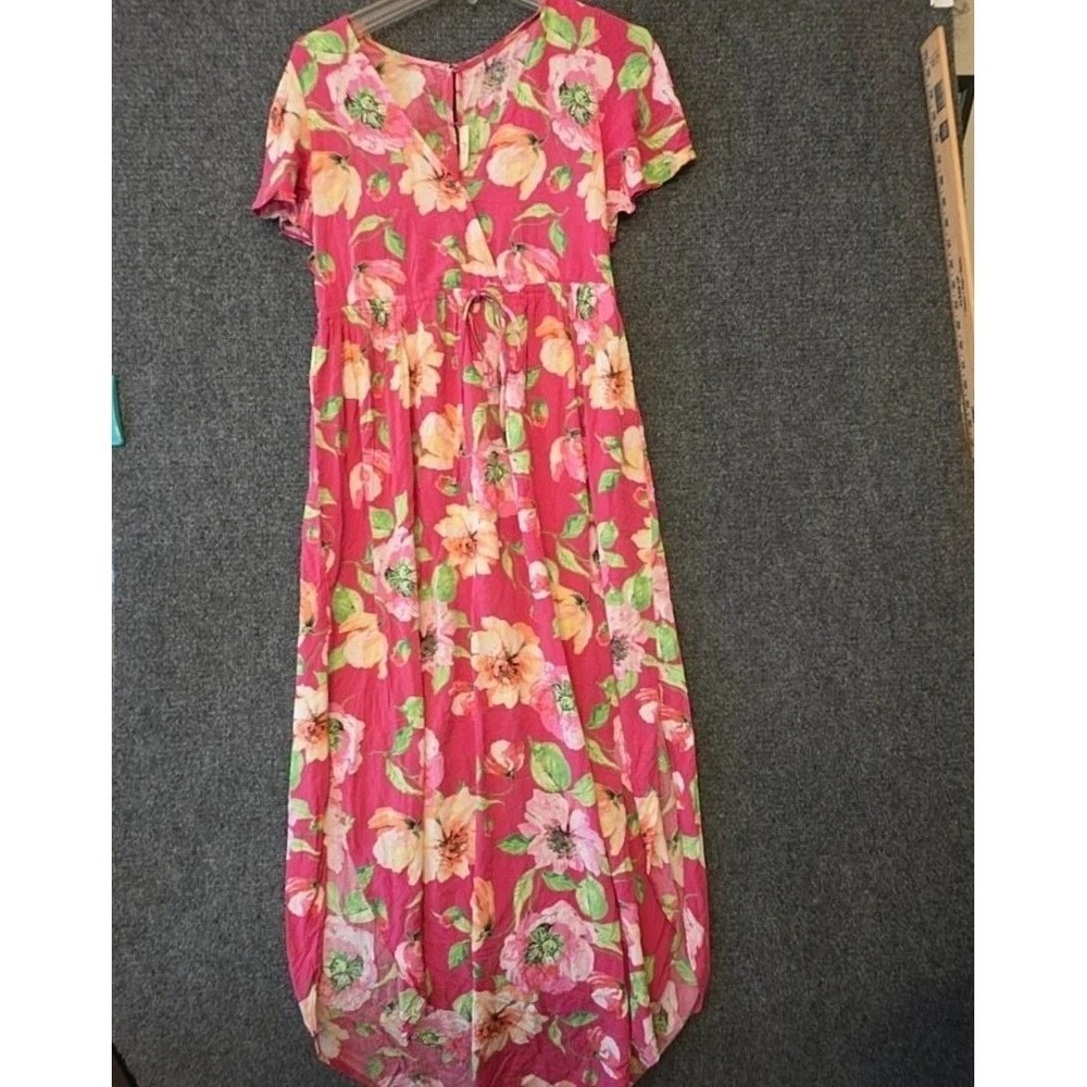 Easel Dress Womens S‎ Pink Floral Short Sleeve Maxi Fit & Flare Sundress Boho